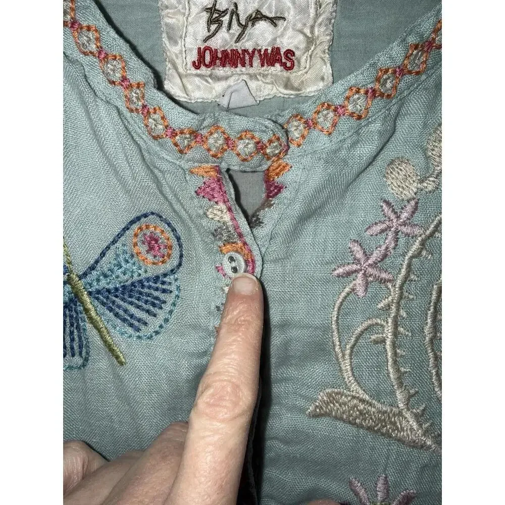Johnny Was Biya Elektra Dress Embroidered Floral Linen Button Front Sz M Blue - Picture 3 of 11